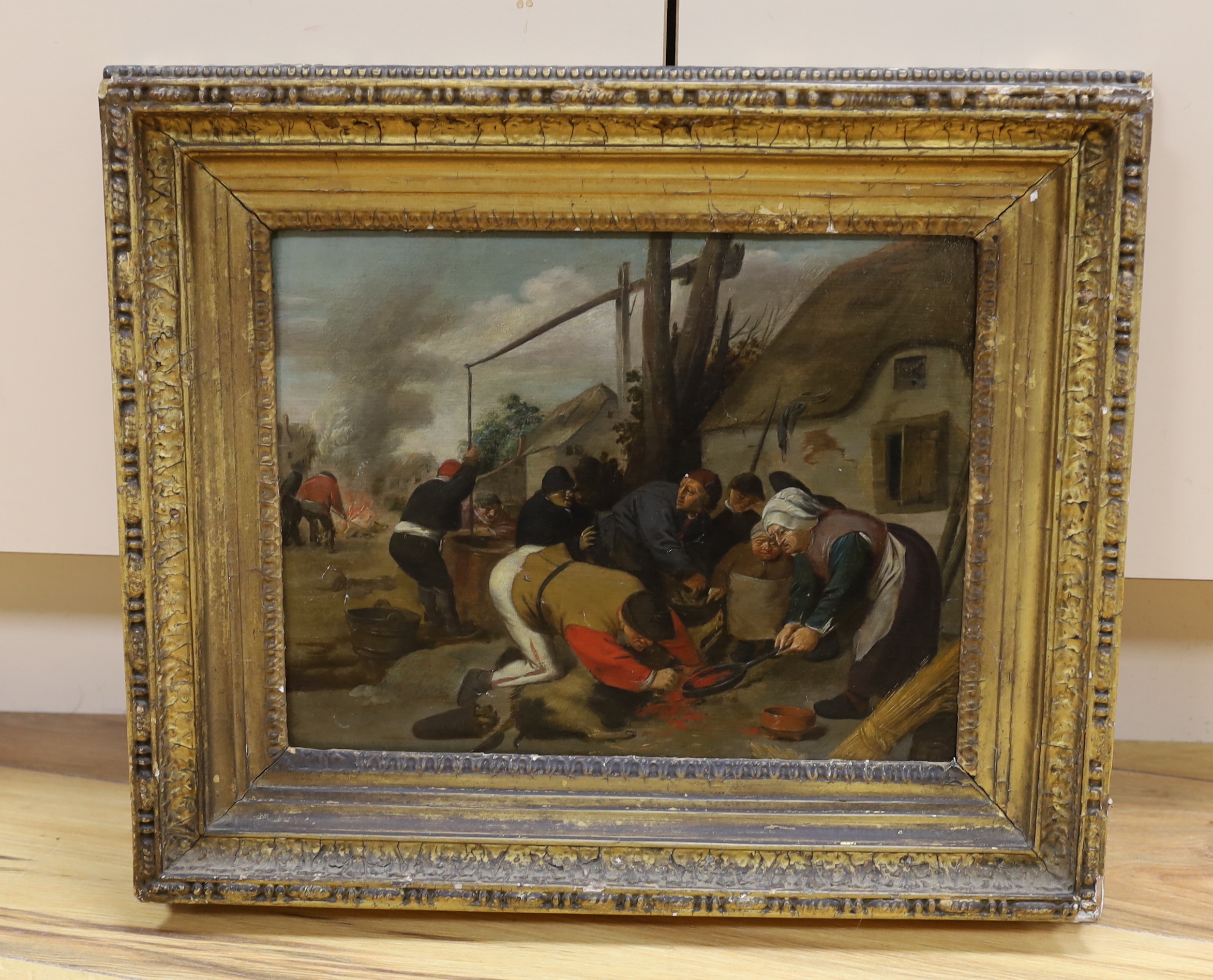 Flemish School, oil on panel, Slaughtering a pig, in ornate gilt frame, 26 x 33cm